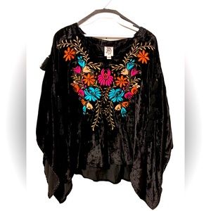 Floral embroidery black velvet poncho top
